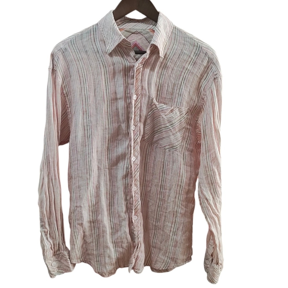 Bugatchi Uomo 100% Linen Button Up Mens Striped Shirt Travel Cruise Size Medium - Picture 2 of 10